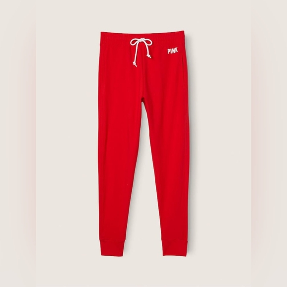 VS PINK Sweatpants Large Red White Logo Drawstring Pockets Tapered Comfort - Picture 4 of 8